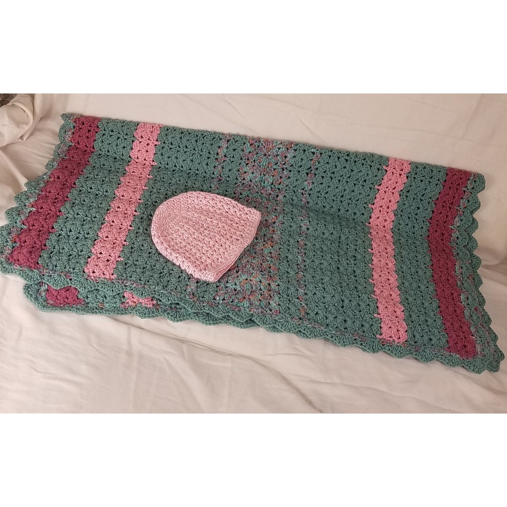 Handmade Crochet Baby Blanket Beanie Set large Green Pink New Striped Acrylic